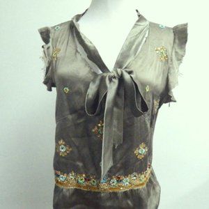 Just in Case fray edge silk tie top sleeveless beaded sage green pink  42 S M